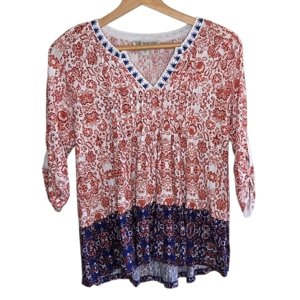 Vintage America | Boho Red White Blue Print 3/4 Sleeve Top Size Small